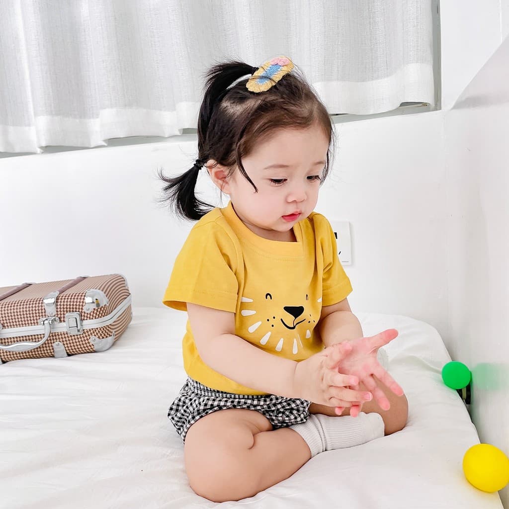 Crianças roupas de verão dos desenhos animados menina terno xadrez versão coreana roupas de bebê puro algodão menina beb
