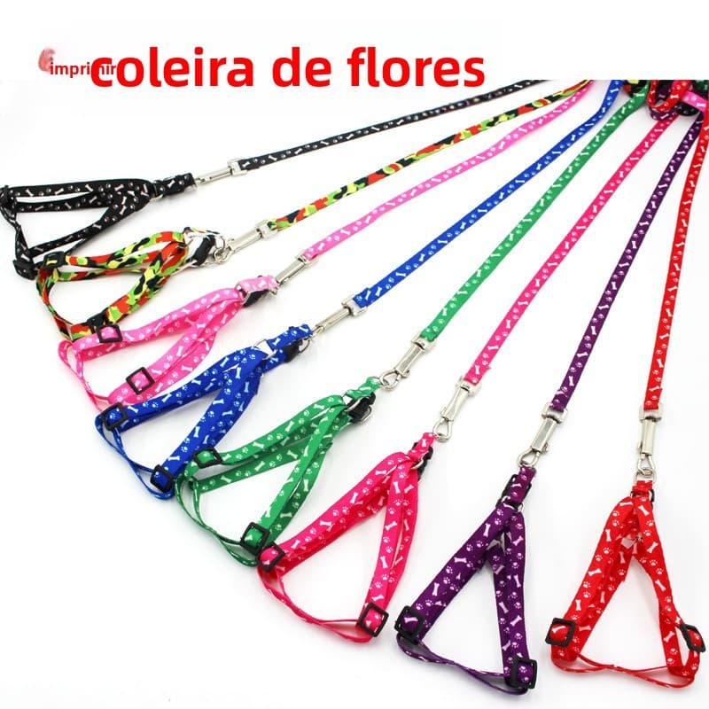 Conjunto de coleira e guia para animais de estimação com padrão de osso, guia para cães, corrente para gatos.