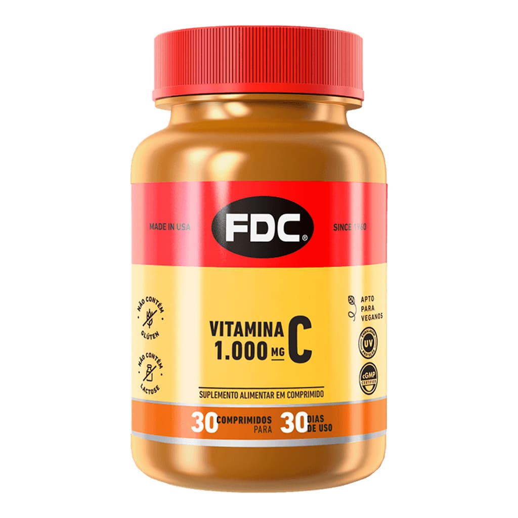 Suplemento Vitamina C 1000mg FDC Marca Americana Ácido Ascórbico em Comprimidos Escolha 30 100 ou 180 Unidades