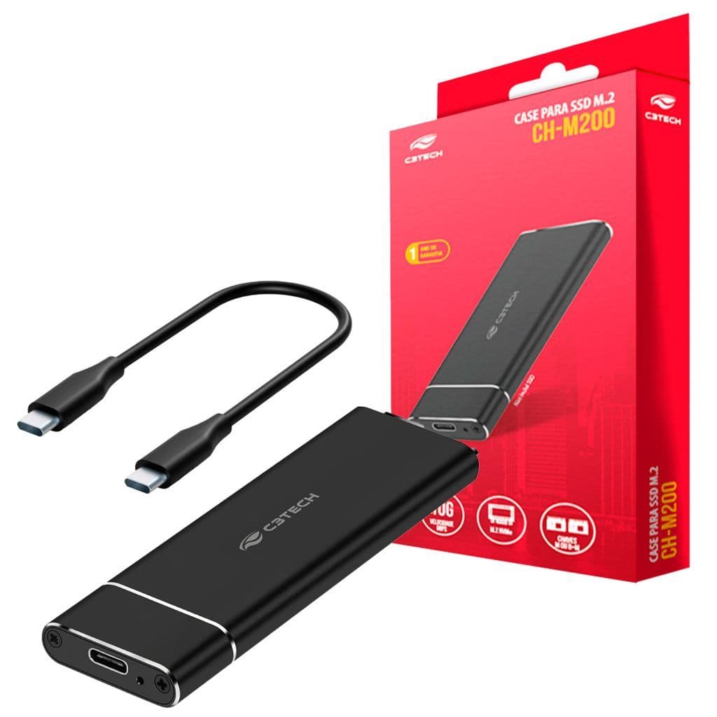 Case Gaveta para SSD Externo M.2 NVMe C3Tech CH-M200BK, Cabo USB-C 3.1, Plug and Play - Preto