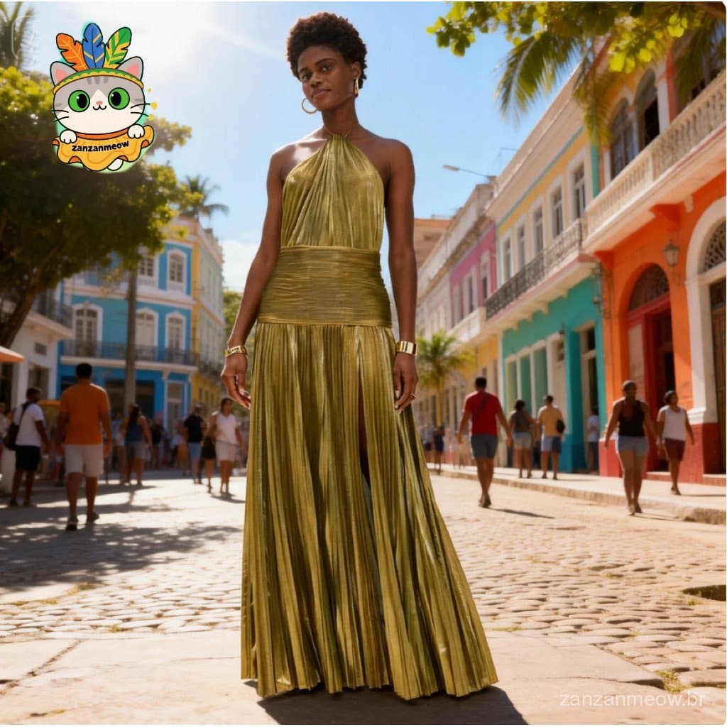 Vestido feminino sem mangas com fenda, laço e design de costas abertas, feito de tecido metálico. Um vestido deslumbrant