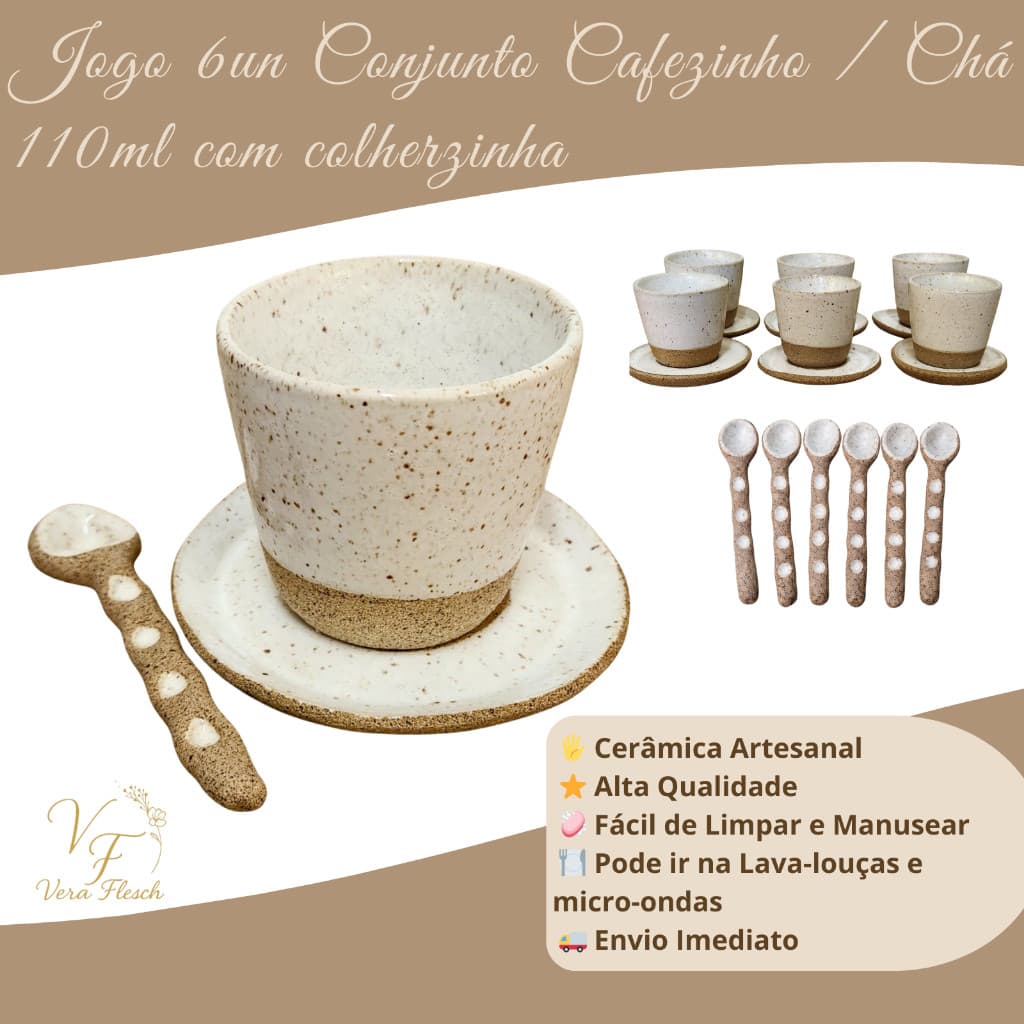 Jogo 6un Conjunto Cafezinho / Chá 110ml com Colherzinha em Cerâmica Artesanal Orgânica /Luxo / Retro