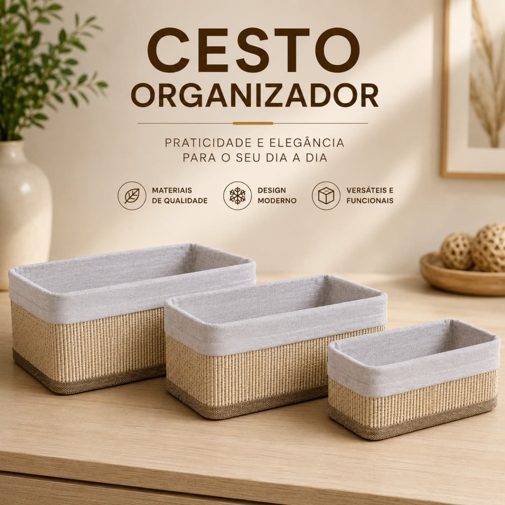 Cesto Organizador Bambu Multiuso com Forro Retangular Banheiro Cozinha Quarto Closet Lavanderia Organização