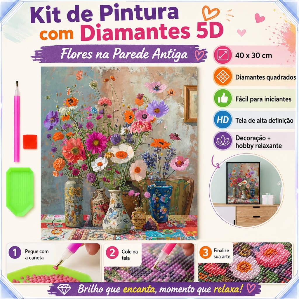 Kit Pintura Diamante 5D Flores em Vaso Vintage DIY Relaxante para Adulto Decoração de Parede