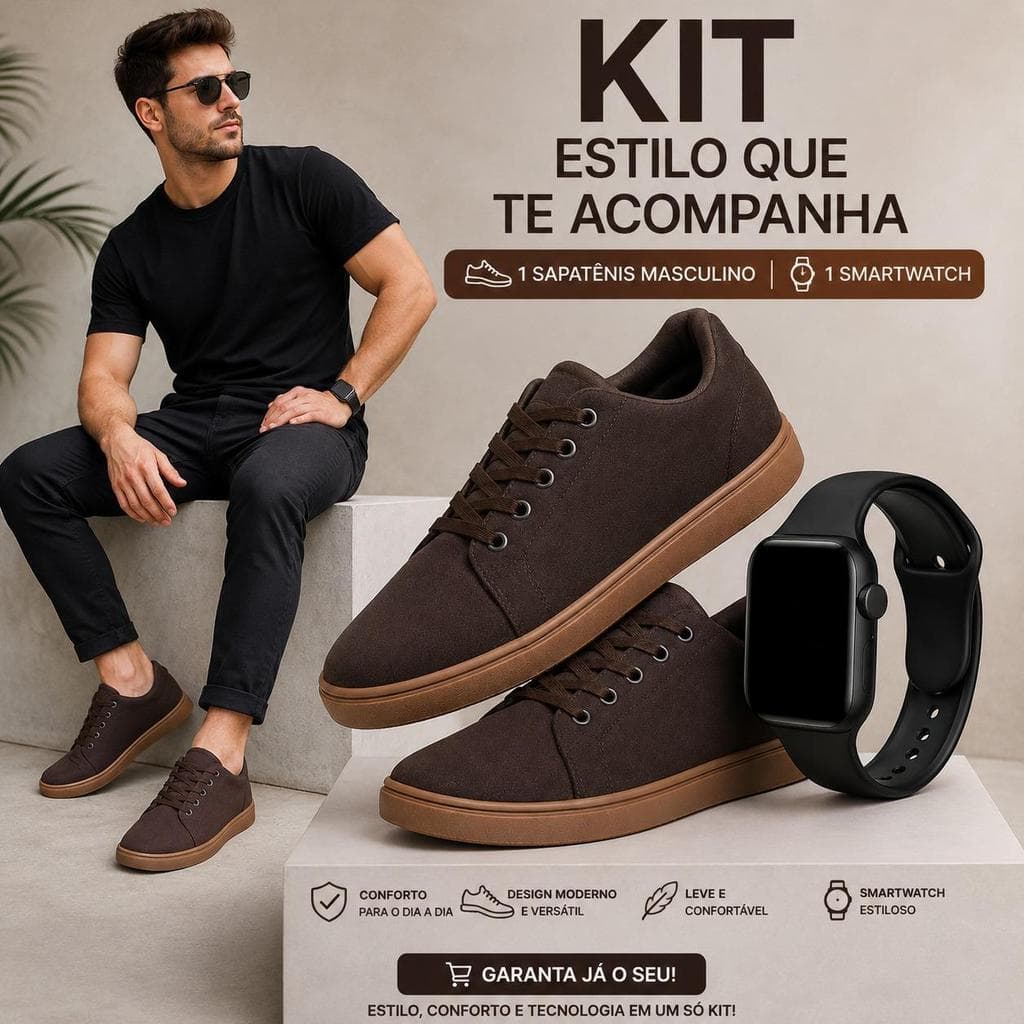 Kit Sapatênis Tênis Masculino Casual Confortável + Smartwatch Relógio Digital