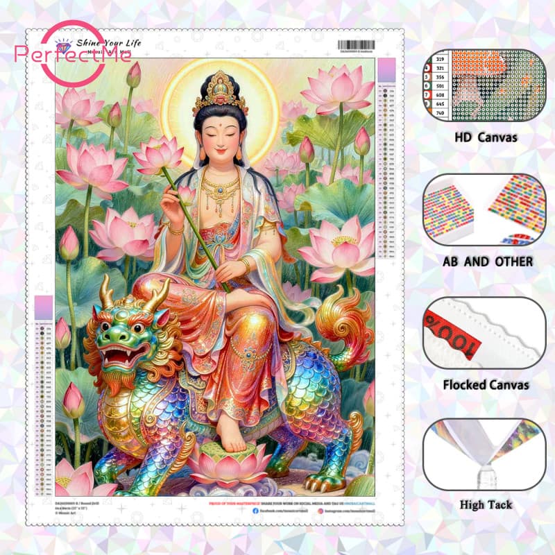 Ypdpm Diamantes AB Atualizados + Tecido Flocado] Água De Bambu Guanyin Budismo Pintura De Diamante De Lótus 5D DIY Artes