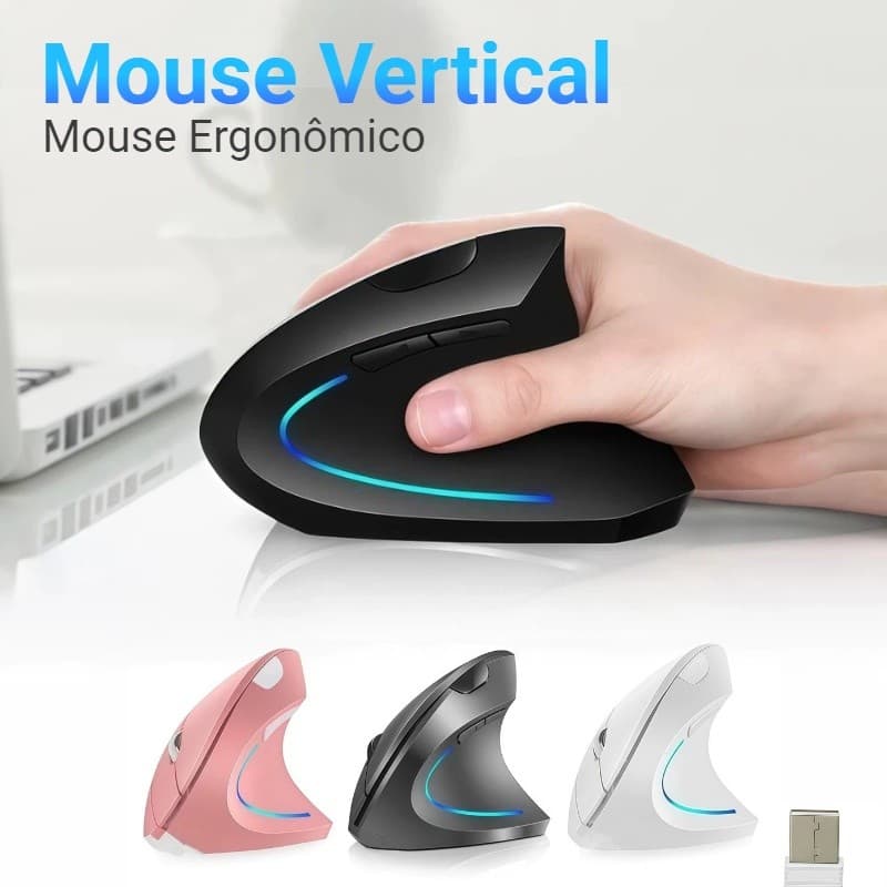 Mouse Vertical Ergonômico Sem Fio Versão USB ou Bluetooth, Funciona com Pilha, Clique Silencioso