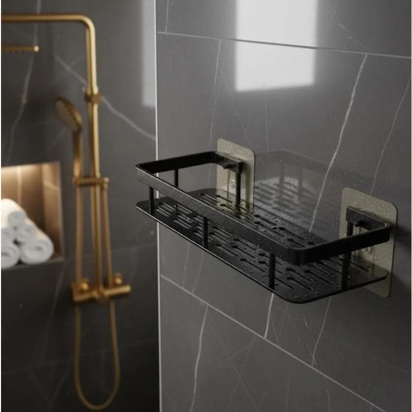 Suporte Prateleira de Parede Metal Preto Sem Furo Adesivo Reforçado para Banheiro Cozinha Organizador Acessórios