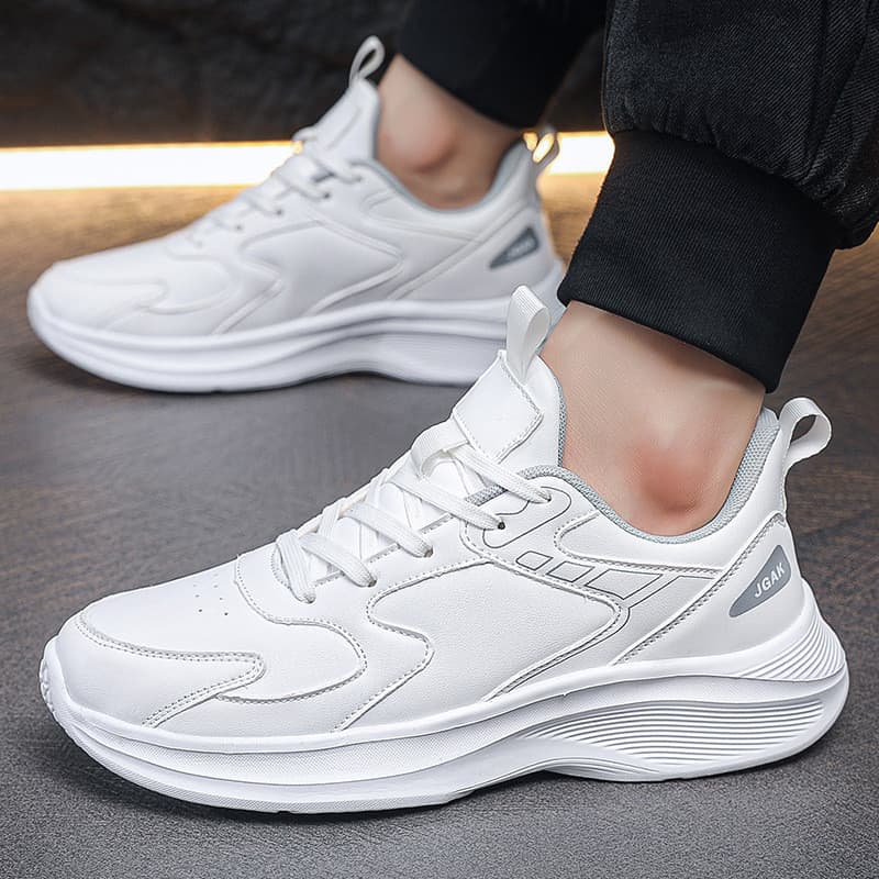Tênis esportivo de outono/inverno com cadarço, em couro, casual, leve, impermeável, tênis branco com sola macia para cam