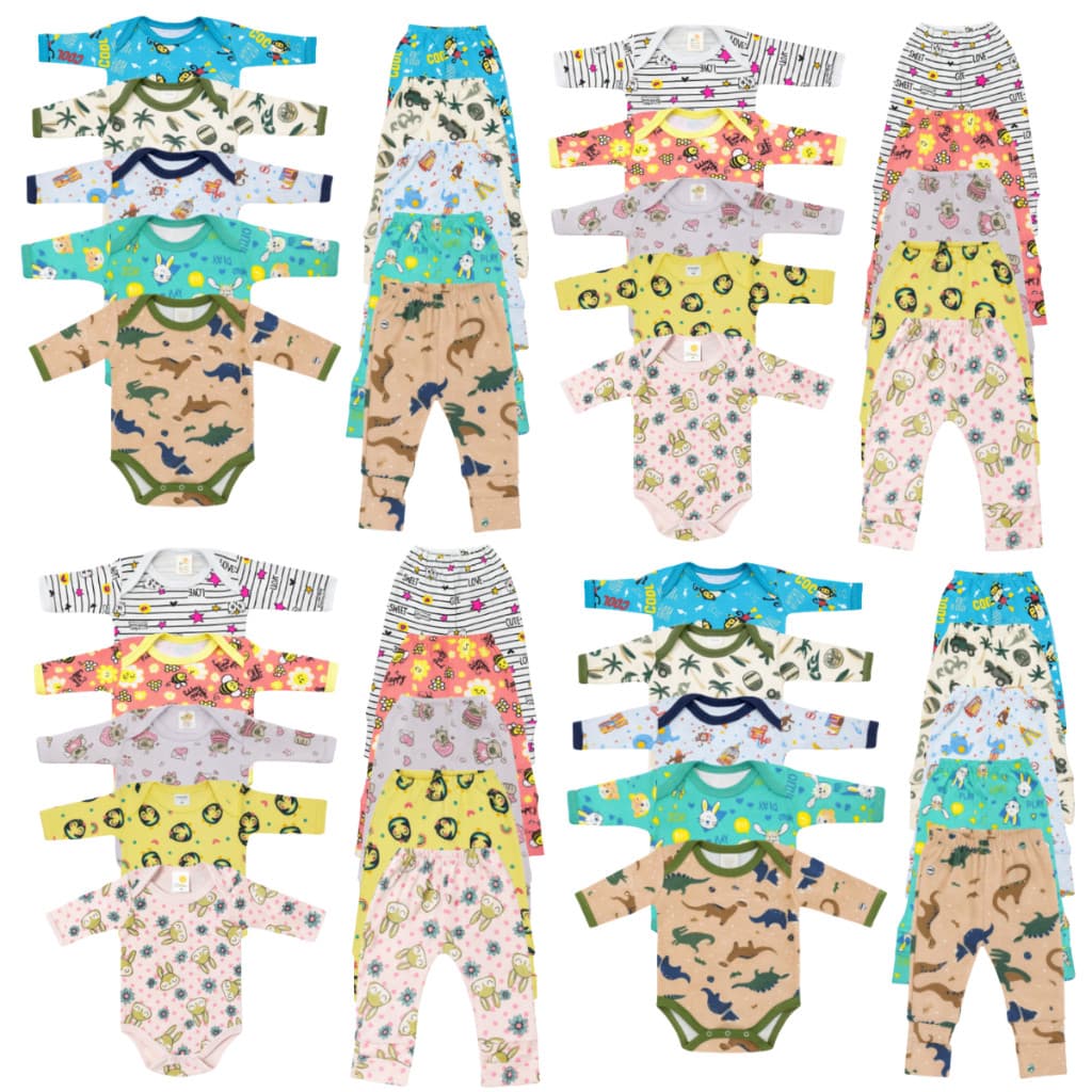 Kit 10 Peças Enxoval Bebê Body Manga Longa + Mijão vira pé Estampas Variadas Meia Estação