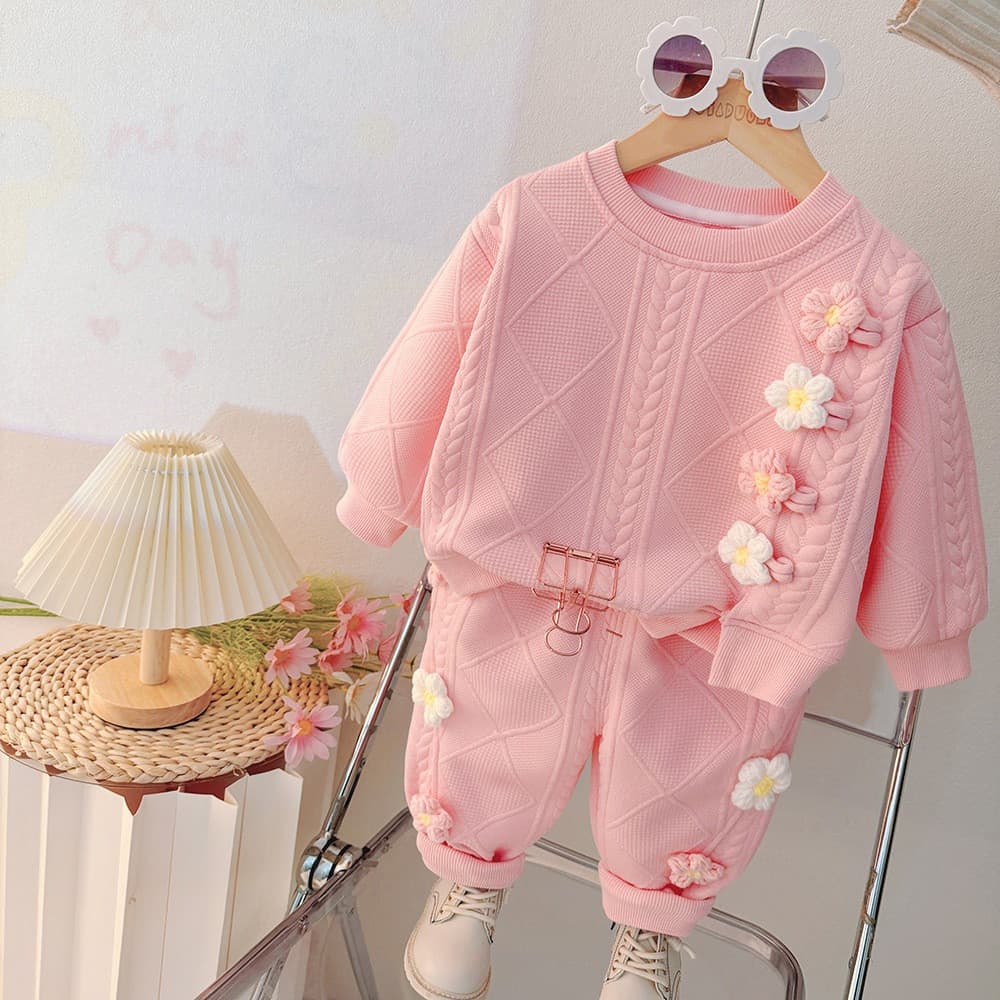 Conjunto de Moletom Infantil para Outono, Suéter de Tricô Floral com Gola Redonda + Calças para Meninas, Conjunto de Rou