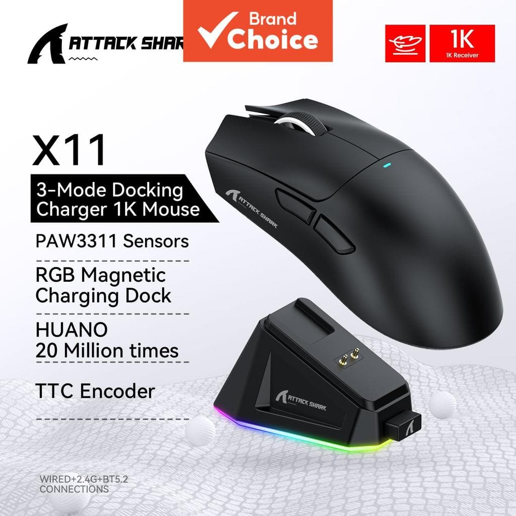 Attack Shark X11 Mouse, leve para jogos com PAW3311, mouse sem fio tri-modo com RGB e carregamento via Bluetooth