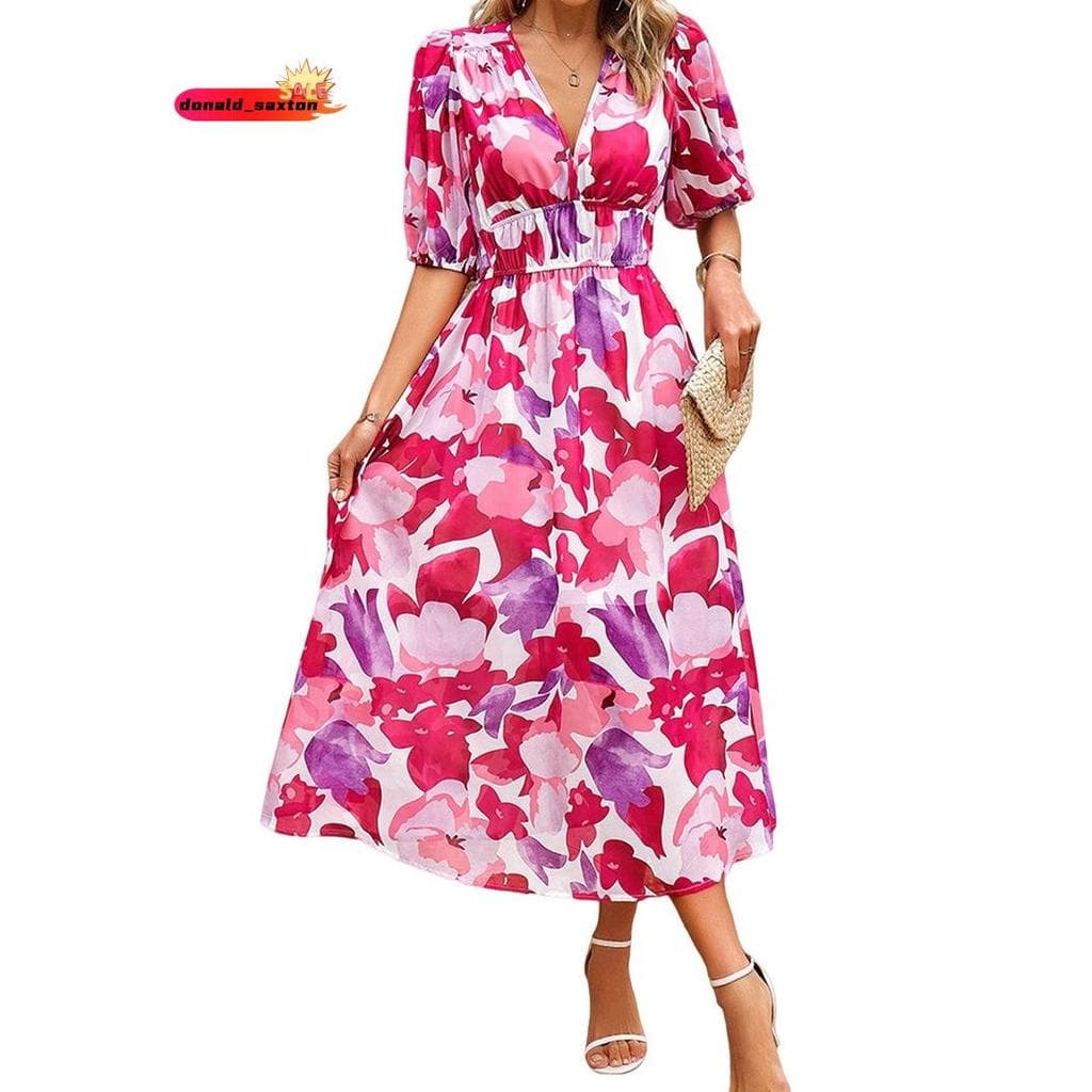 [Rápido D] Vestidos Femininos De Verão 2025 Casual Puff Manga Curta Decote Em V Floral Boho Maxi Vestido