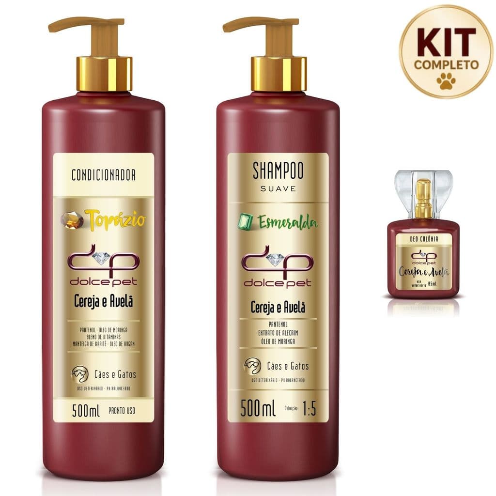 Kit Shampoo Suave + Condicionador + Perfume Deo Colônia Dolce Pet Cereja e Avelã Para Cães e Gatos 3 Produtos