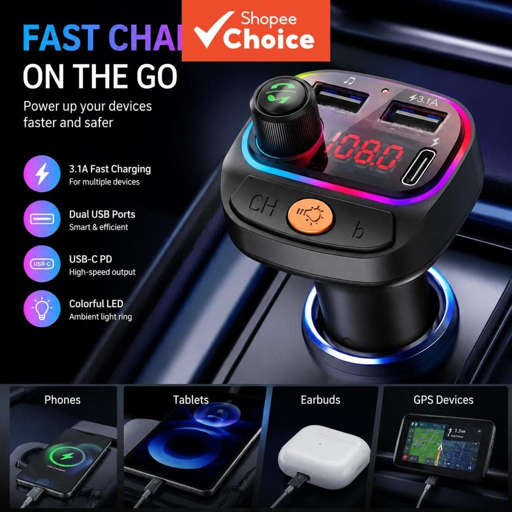 Carregador Veicular Bluetooth 5.0 Transmissor FM PD Tipo-C com Duplo Porta USB Player Ambiente MP3 Carregador Sem Fio