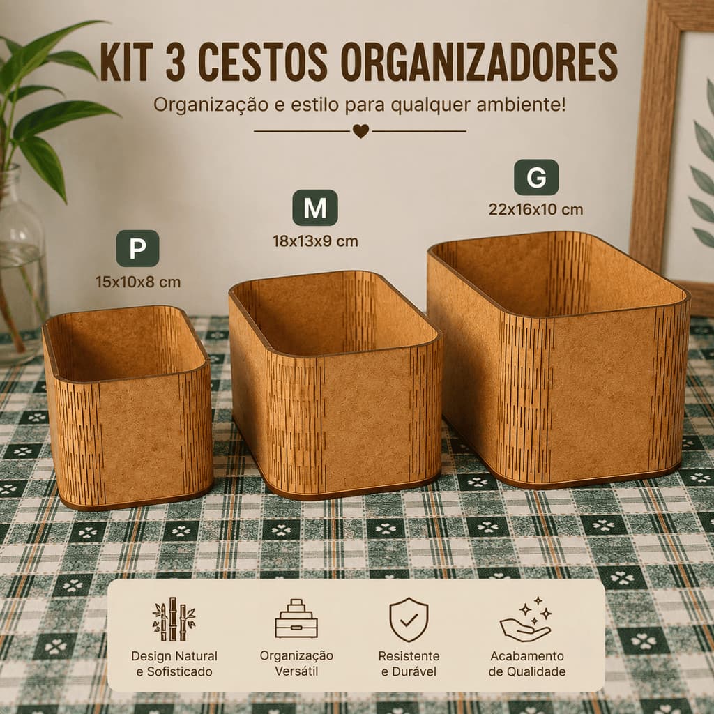​Kit 3 Cestos Organizadores Abertos em MDF Nicho Decorativo Multiuso para Banheiro Quarto e Cozinha