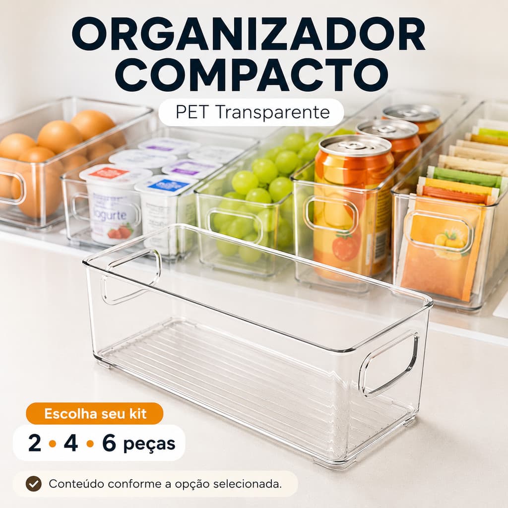 Kit Organizador Compacto Transparente para Geladeira Multiuso PET Armário Despensa Cozinha
