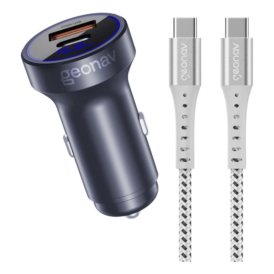 Carregador Veicular Turbo 38w + Cabo Usb C Para Usb C Geonav