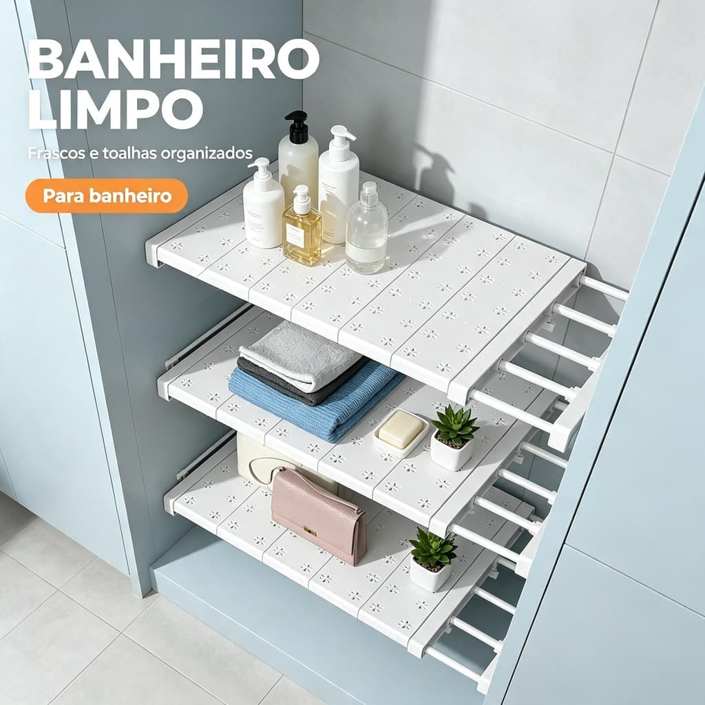 Prateleira Extensível Multiuso Sem Furo Branca 48‑80cm /60‑100cm Organizador para Armário Cozinha Guarda‑Roupa