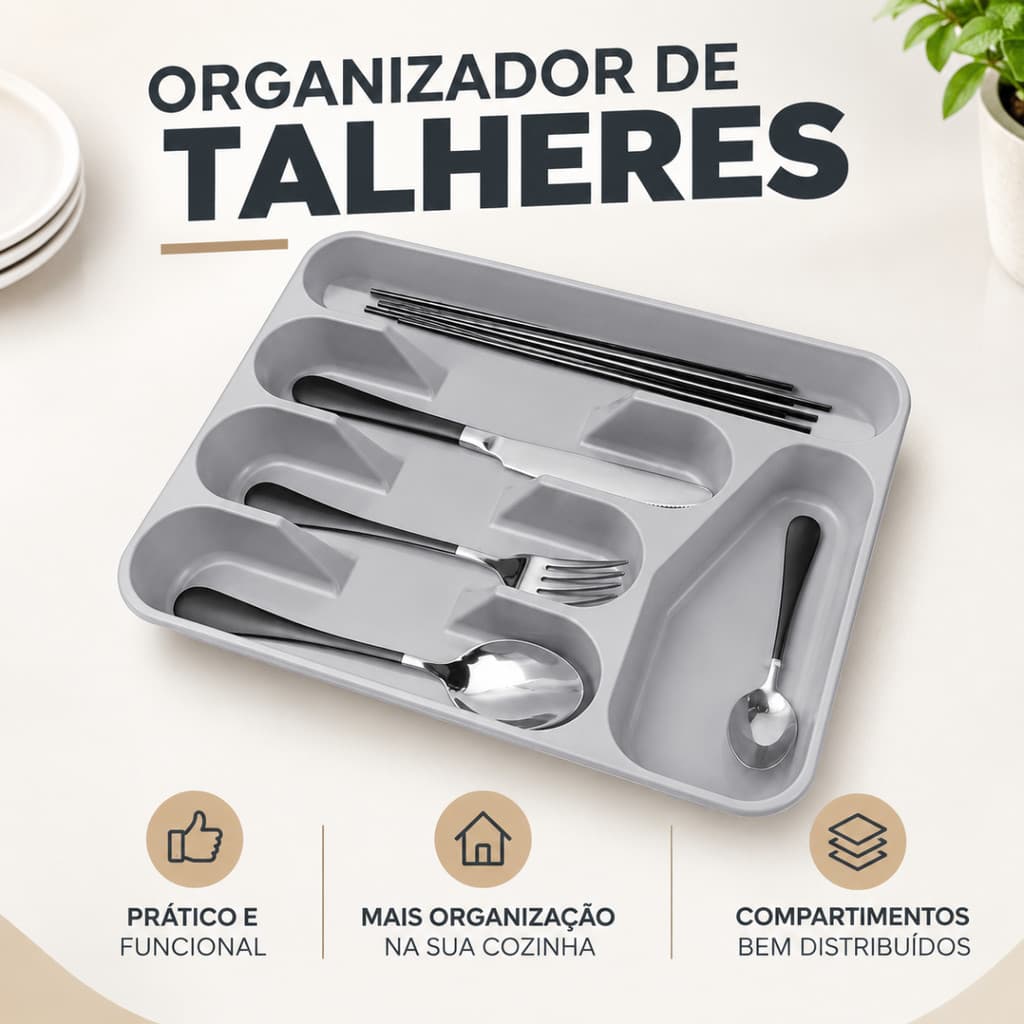 Organizador de Utensílios Cinza Powermaid Porta Talheres Cozinha Gaveta Organizador Multiuso