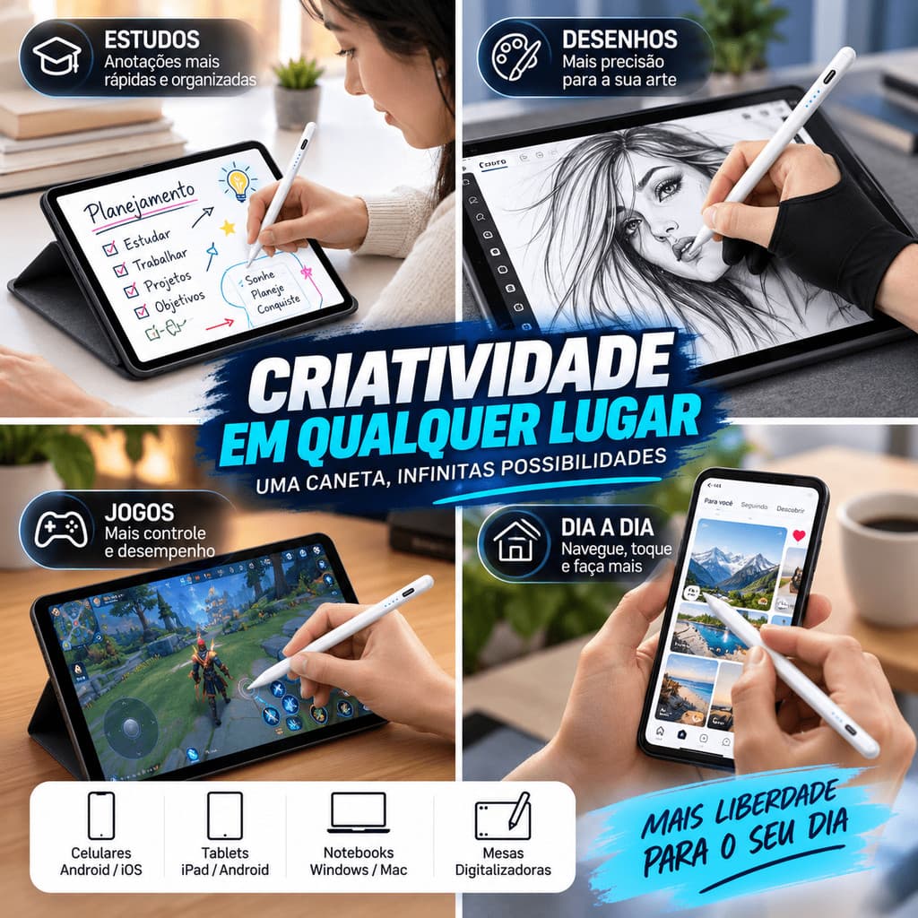Caneta Touch Stylus Universal Para Tablet e Celular iPhone Android Ponta Fina Desenho Escrita Precisão USB-C