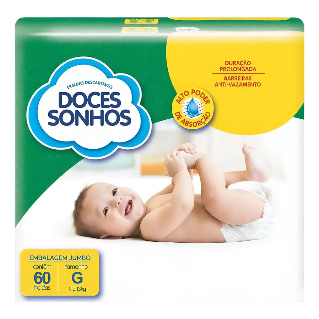 Fralda Descartável Infantil Doces Sonhos G 60 Unidades - Super Absorção 10h Antivazamento - Últimas Unidades!