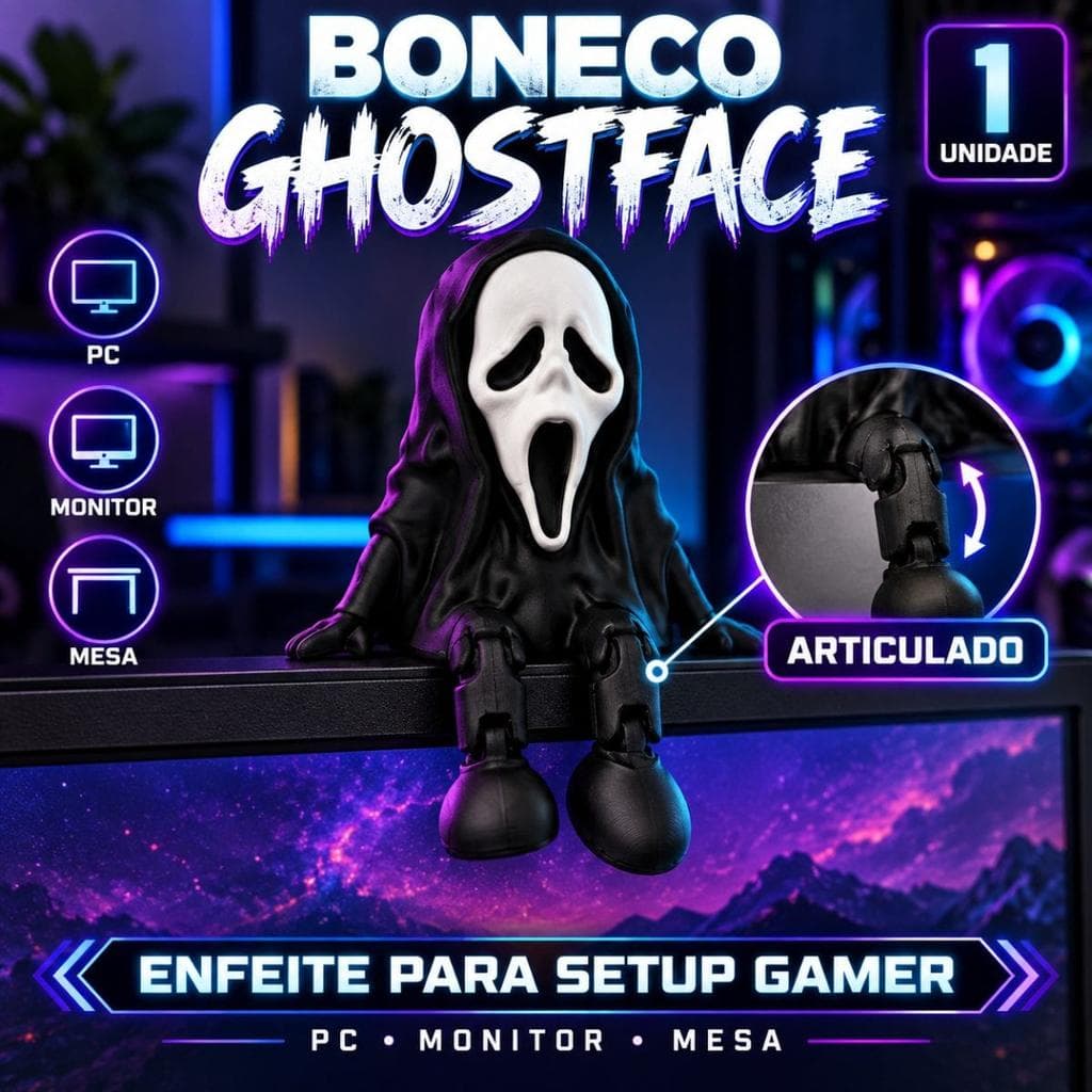 Boneco GhostFace Articulado Enfeite Setup Gamer PC Monitor
