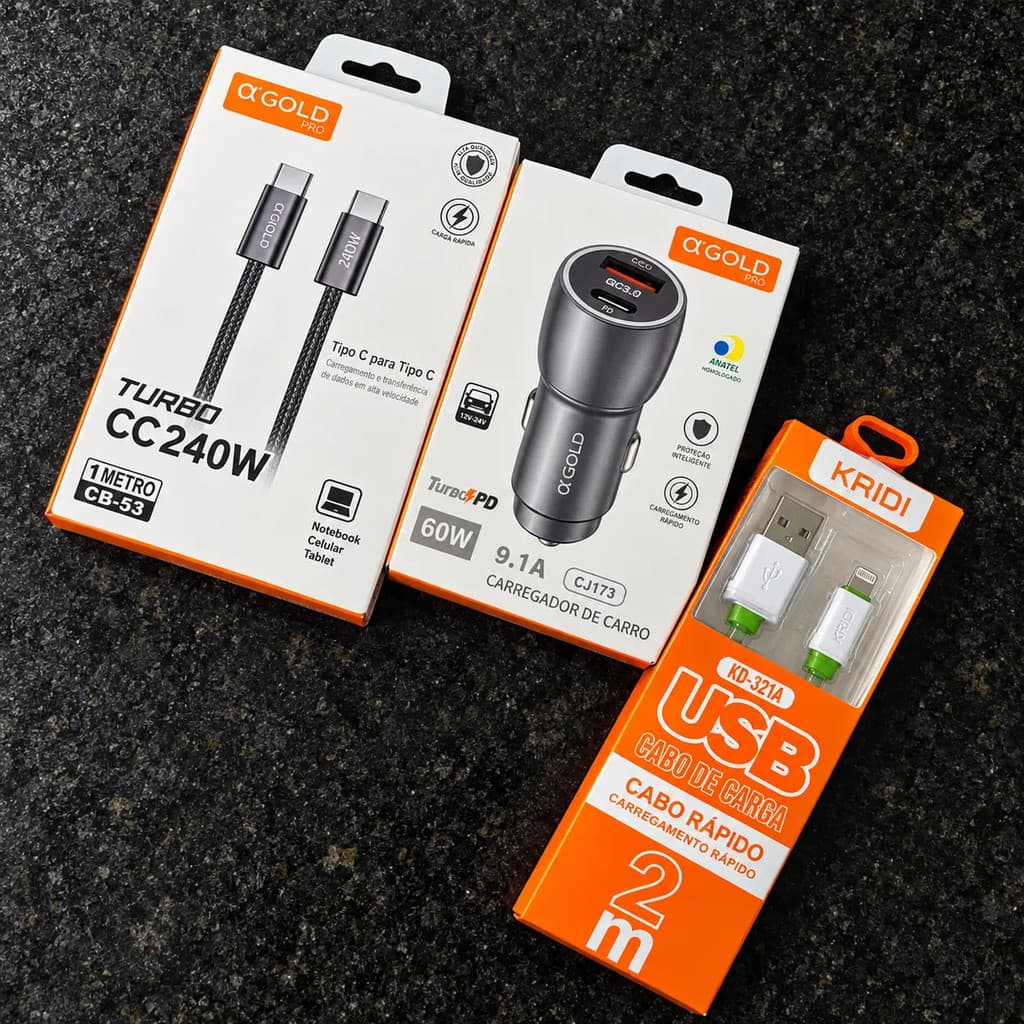 Kit Carregador Veicular Turbo 60W + Cabo USB-C 240W + Cabo Tipo C para Celular Carro Viagem Carga Rápida PD 3A