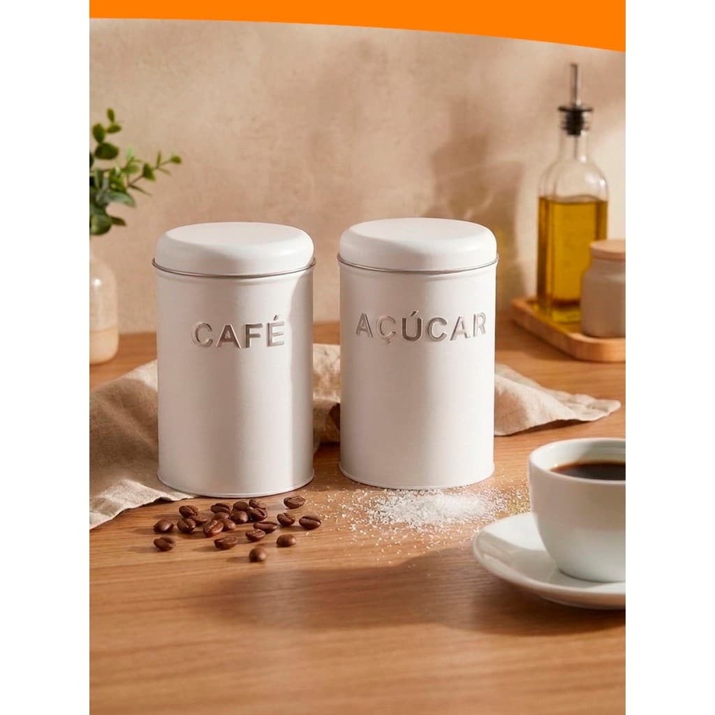 Conjunto Potes Café e Açucar Lata Mantimentos Branco Cozinha Organizador Multiuso