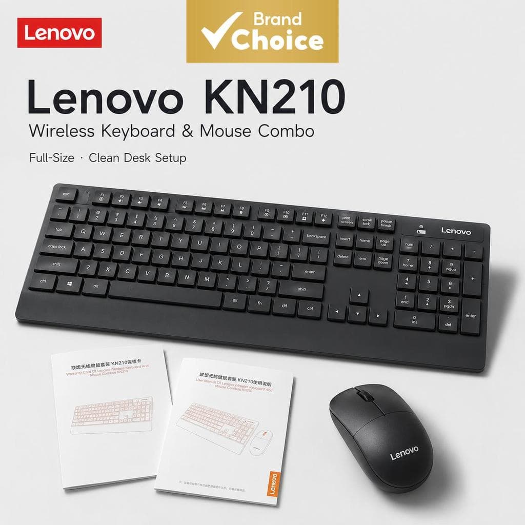 Combo de Teclado e Mouse Lenovo Sem Fio 2.4G, Teclado Completo 104 Teclas + Mouse 1200DPI, Plug-and-Play para