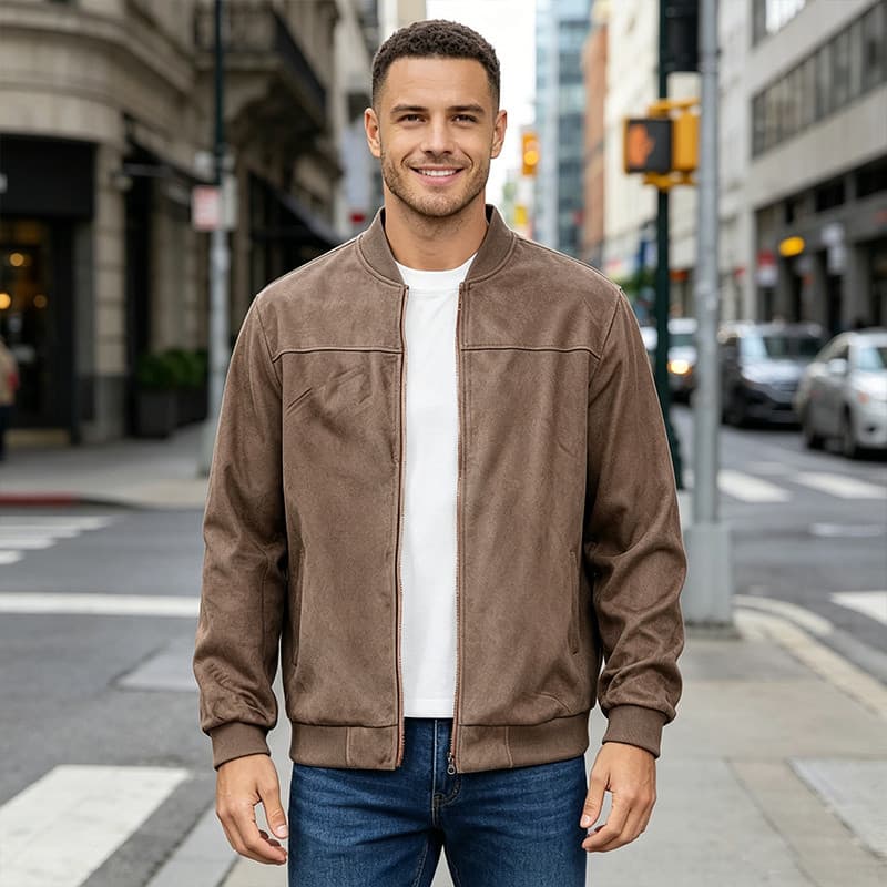 Jaqueta Bomber Masculina Camurça Zíper Frontal Gola Alta Vintage