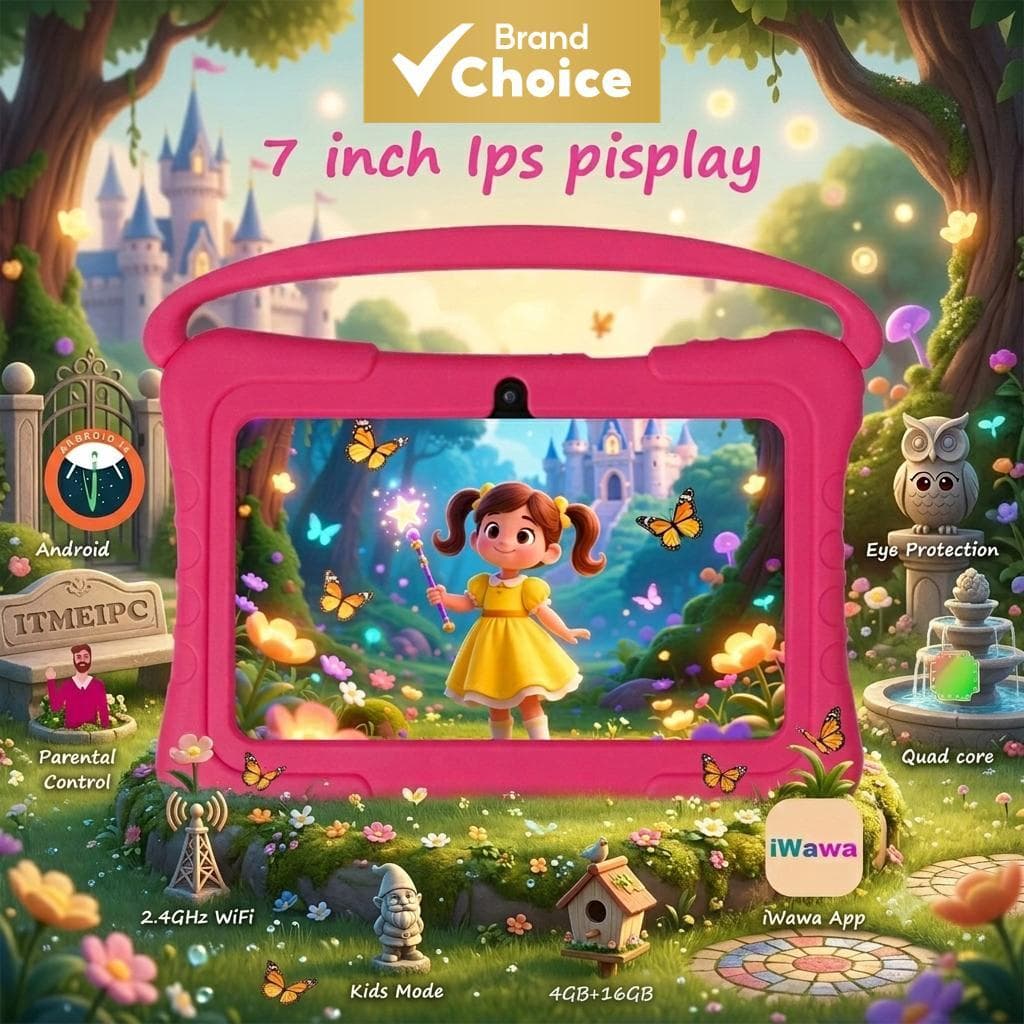 Tablet para crianças ATMPC, 16GB de armazenamento, tela IPS de 7 polegadas 1024*600 HD, Android 14, educativo para