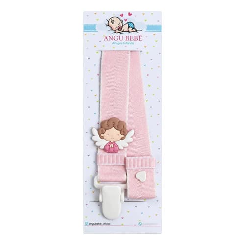 Prendedor De Chupeta Infantil Anjo Rosa Menina Tecido Em Poliéster Com Aplique Em Silicone Angu Bebê 