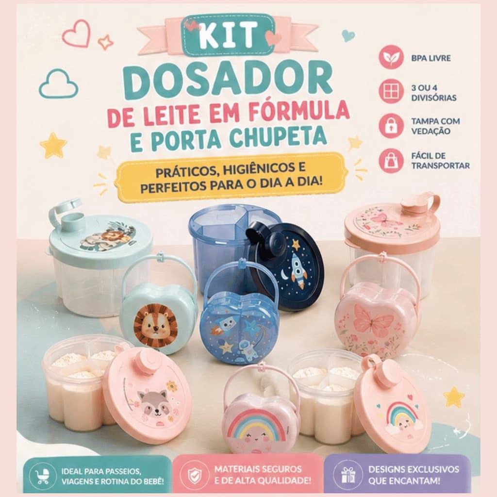 Kit Porta Chupeta + Dosador de leite em pó Fórmula bebê Infantil 3 compartimentos atóxico passeio
