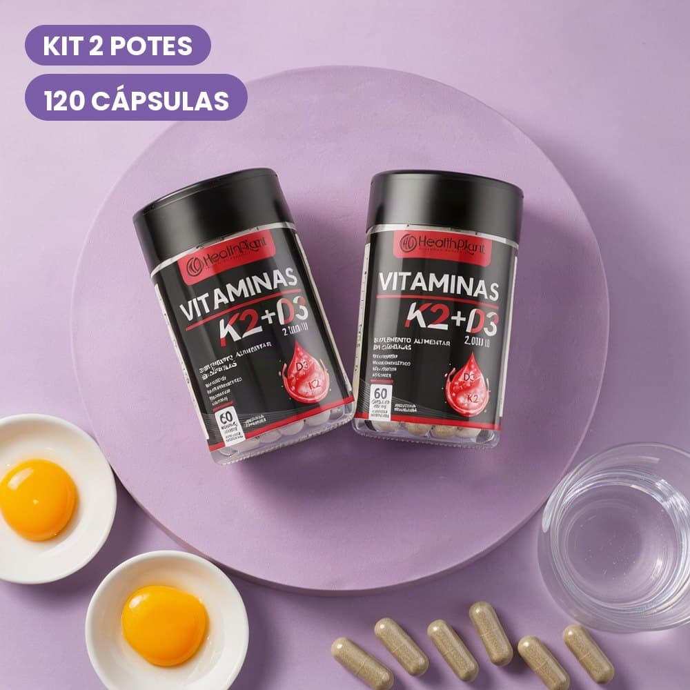 Suplemento Vitamina K2 + Vitamina D3 Combinadas 2000 UI 500 mg Kit 2 Potes com 120 Cápsulas
