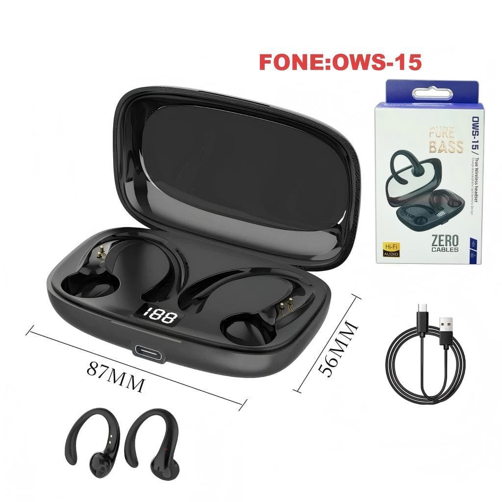 Fone De Ouvido OWS-15 Sem Fio Bluetooth Com Microfones Alta Fidelidade Som Estéreo Toque Inteligente Esportes