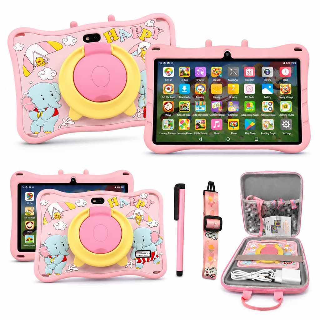 Tablet Infantil 64gb Memória 4gb Ram Android Wifi 5G Capinha Elefantinho Rosa + Maletinha