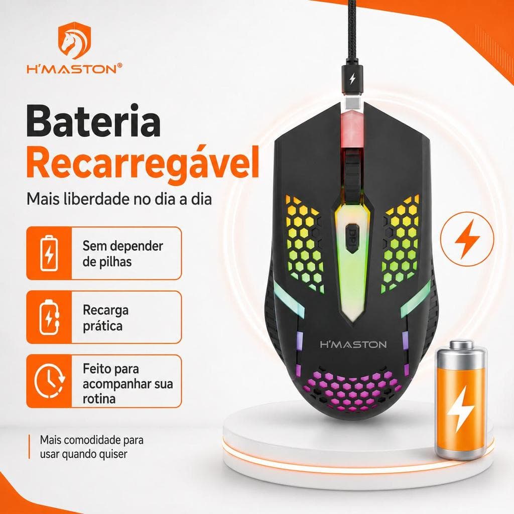 Mouse Gamer Sem Fio H'Maston MS08 Bluetooth + 2.4G Recarregável Luz RGB Ergonômico para Notebook e PC