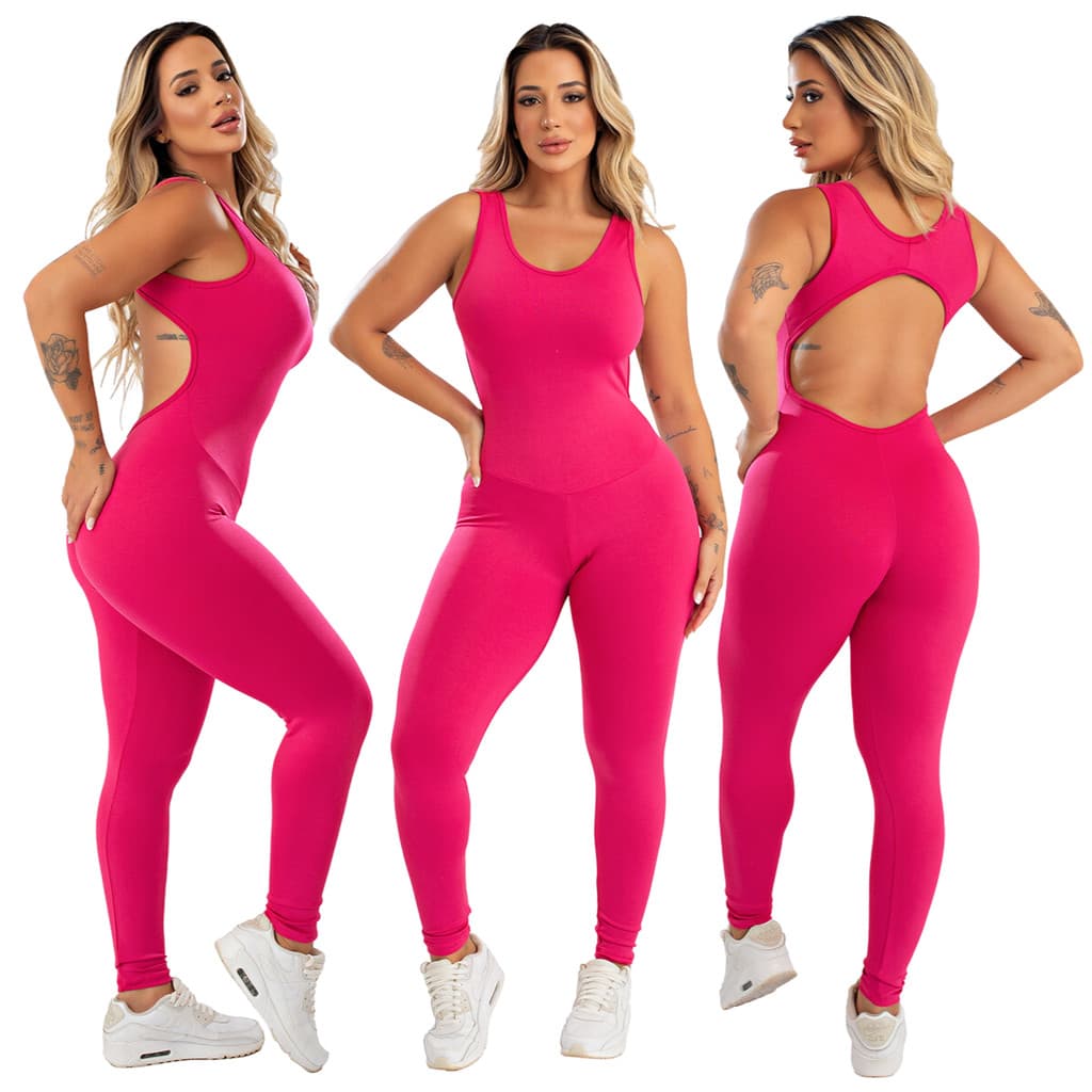 Macacão Academia Feminino Longo Fitness Costas Aberta Suplex Liso Roupa de Malhar Ginastica MAYU