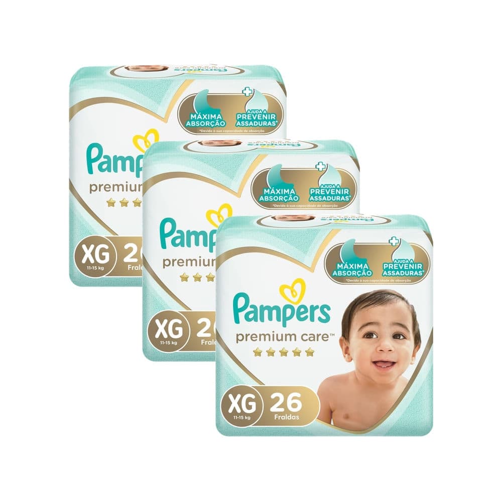 Kit 3 Fralda Pampers Premium Care Tamanho XG Pacote Mega 26 Unidades Descartáveis