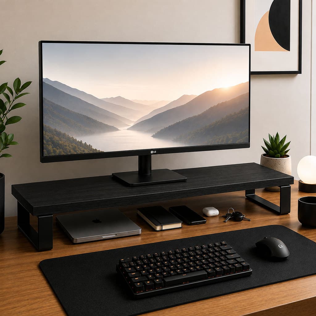 Suporte para Monitor Stand 80x22cm MDF Preto Base Elevada Setup Gamer PC Escritório Home Office Mesa Organização Premium