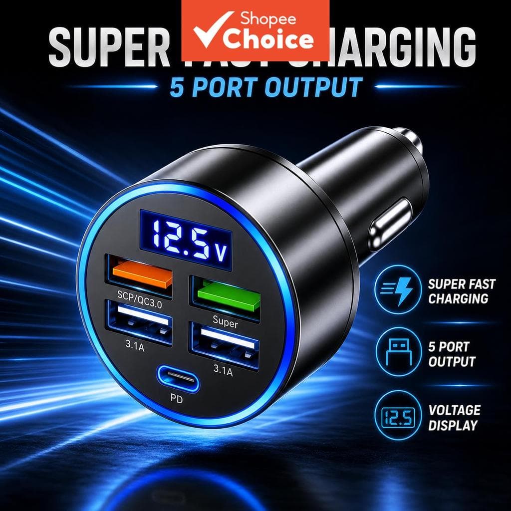 Carregador veicular USB de 5 portas com PD QC3.0 USB-C, adaptador de carregamento rápido para carro, adequado para