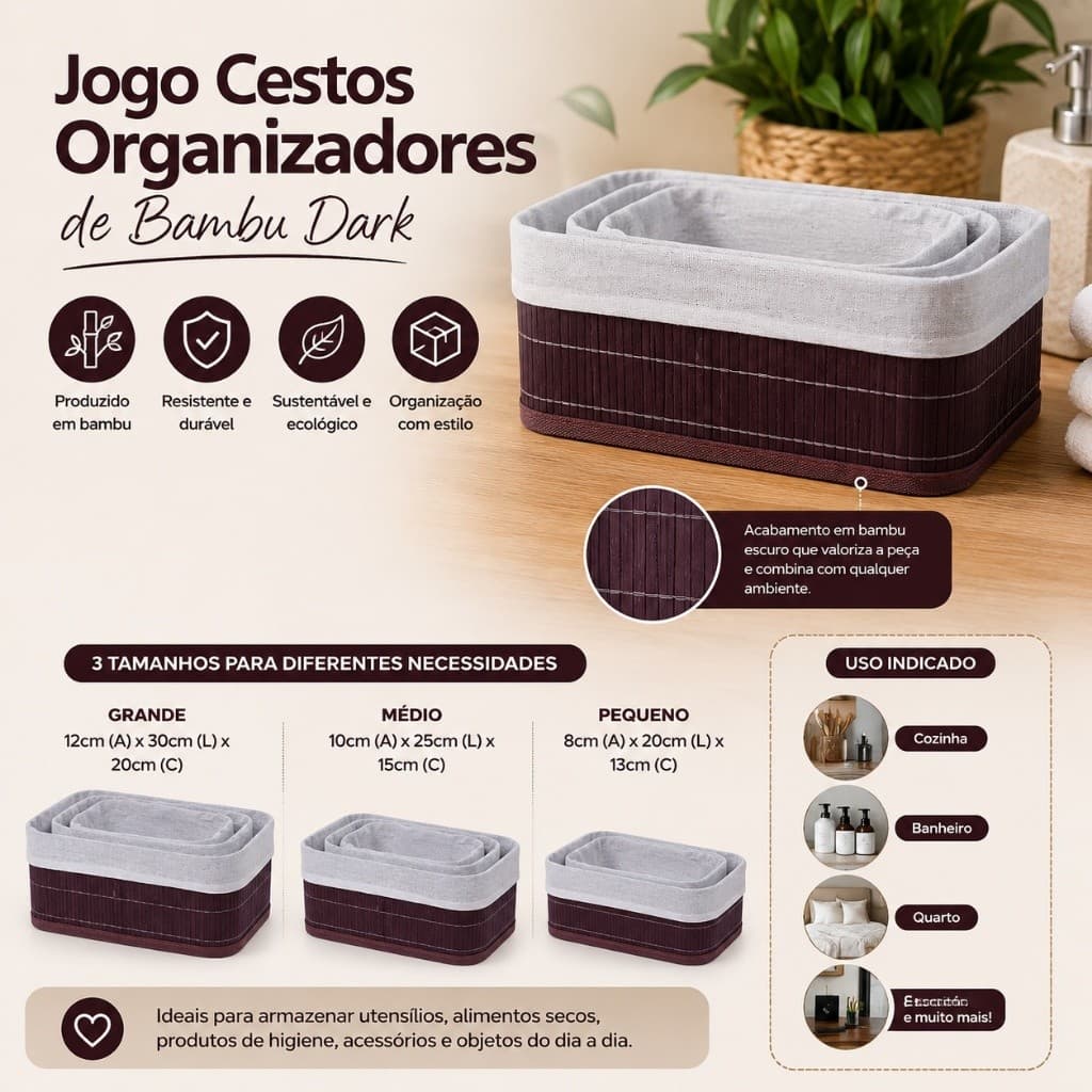 Kit Cestos Bambu Dark Organizadores Cesta Organizadora Banheiro Quarto Cozinha Decoração Armazena