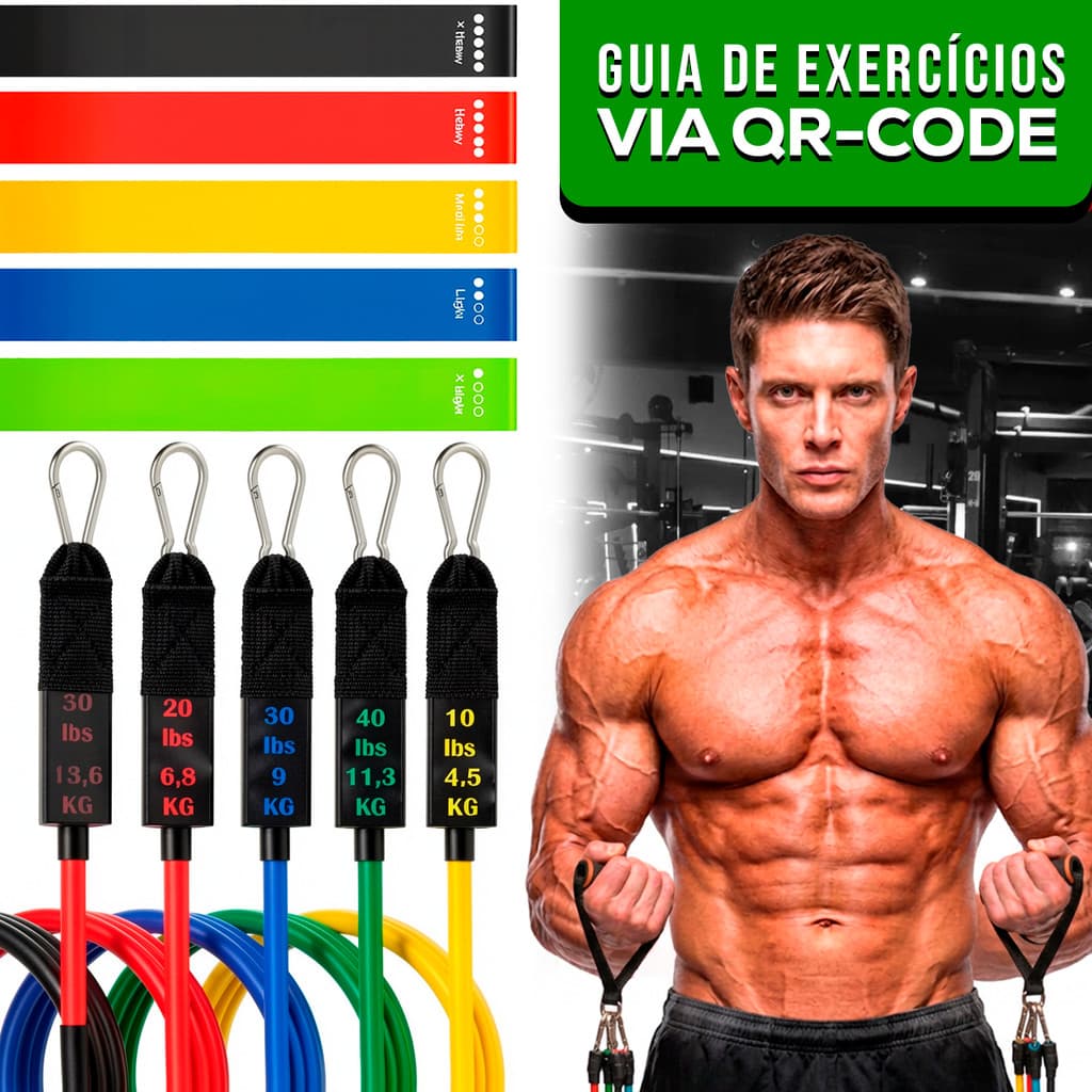 kit 16 itens: Elásticos Extensores + 5 mini bands Treino em Casa Fitness Musculação Pilates Guia de Exercícios Exclusivo