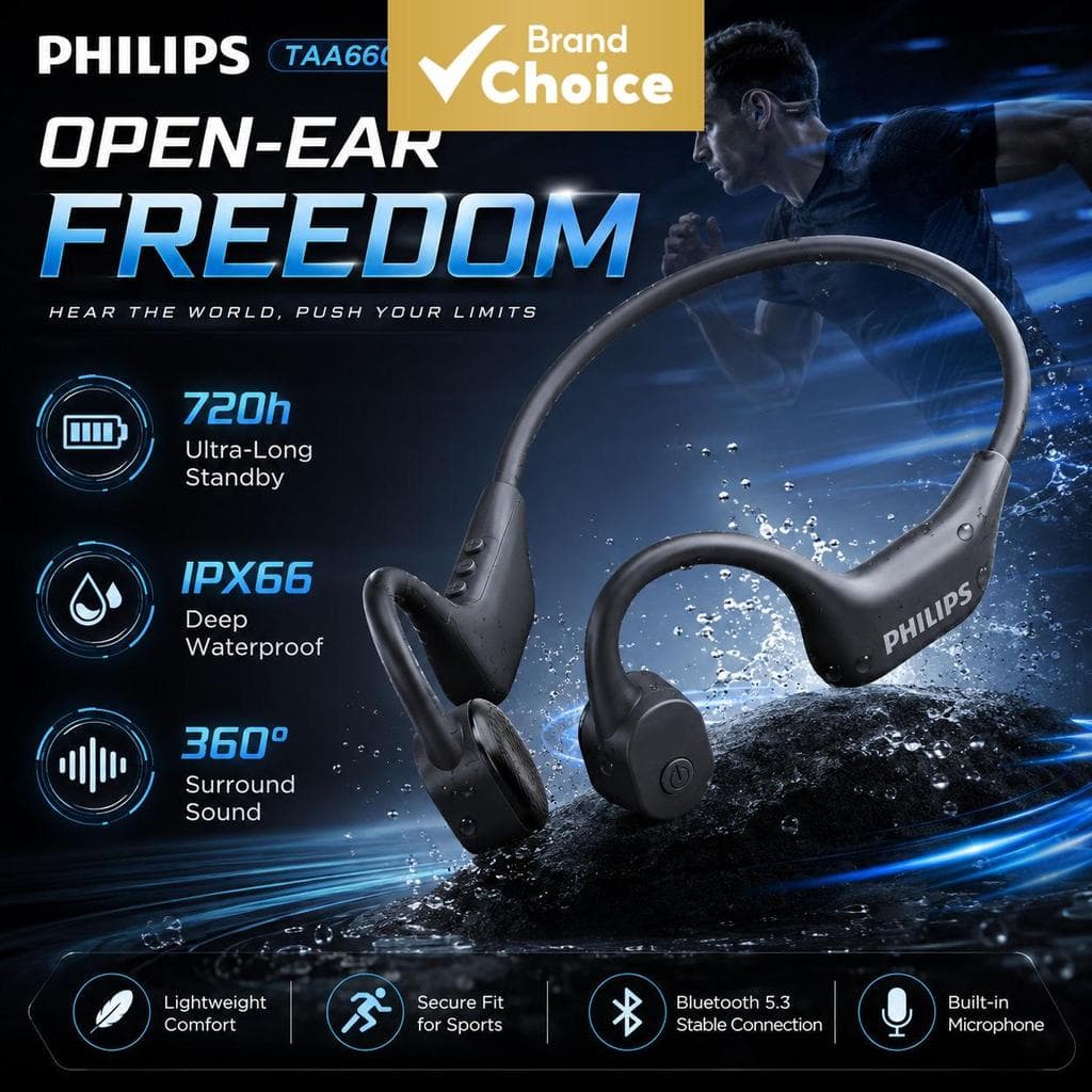 Fones de ouvido Philips TAA6609C: fone esportivo de condução óssea para corrida, fones Bluetooth sem fio, HD de