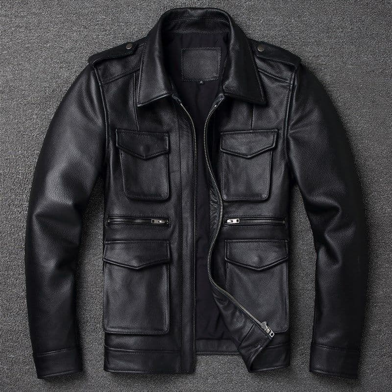 Novo M65 caça jaqueta de couro primeira camada de couro curto lapela motocicleta jaqueta masculina Multi-bolso jaqueta C