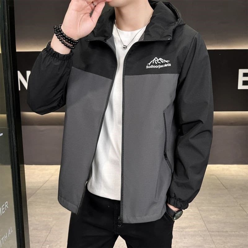 Primavera outono jaqueta masculina na moda Casual jaqueta esportiva masculina fina solta com capuz jaqueta à prova de ve
