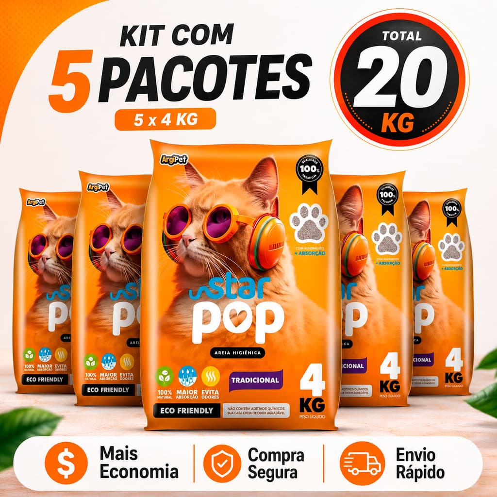 Kit 20KG Areia Higiênica Sanitaria Gato Natural Argila Absorvente Ecológica (Antiodor) StarPop Tradicional