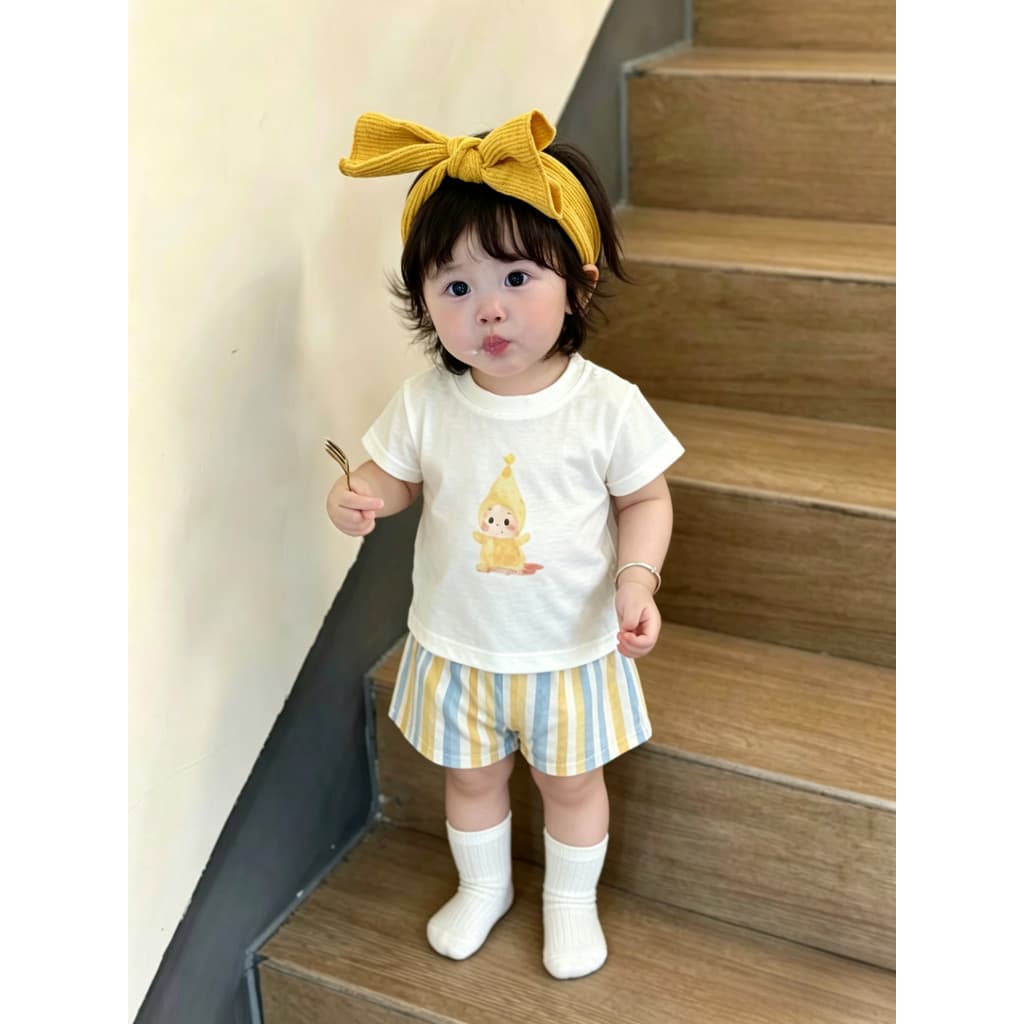 Bebê menina verão terno menina fina manga curta dos desenhos animados topo listrado Shorts dividir roupas de bebê de dua
