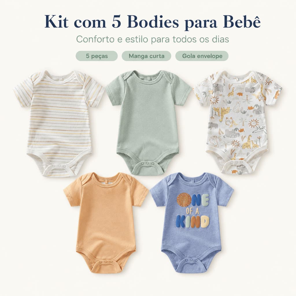 Bodies Bebê 5 Pcs Kit 60% Algodão 40% Poliéster Manga Curta Enxoval Roupa Infantil Bebê Troca Fácil Uso Diário
